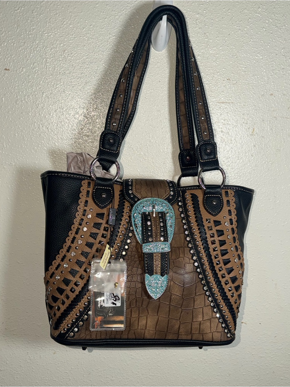 Montana West Black and Brown Western Buckle Tote with Turquoise Accent